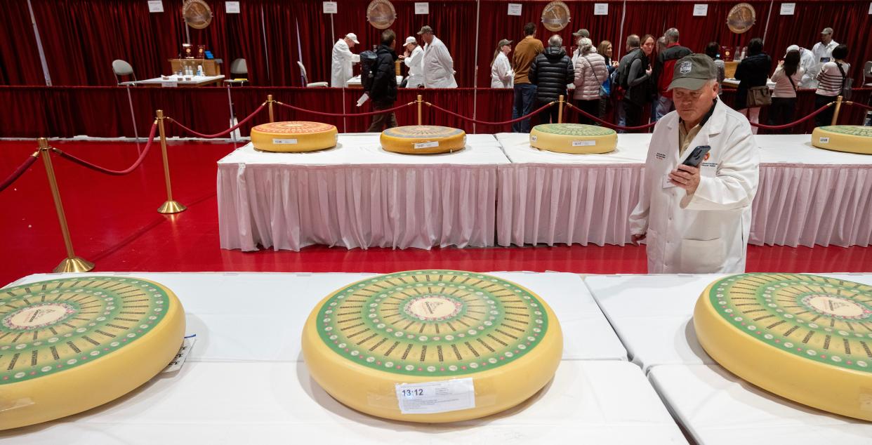 Master cheesemaker Gary Grossen photographs cheese wheels before judging at the World Cheese Championships.
