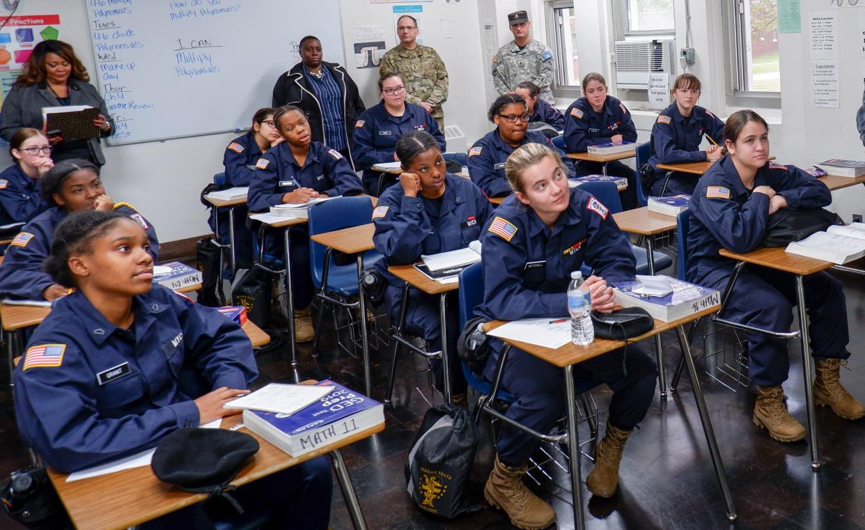 MYCA cadets sit at attention during a math class.