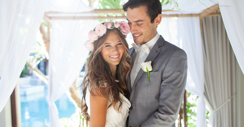 L: A bride and groom at their wedding