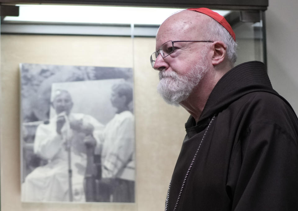 Boston Cardinal Seán Patrick O'Malley, head of the Pontifical Commission for the Protection of Minors, leaves a press conference at The Vatican, Friday, April 29, 2022, after meeting with Pope Francis. Pope Francis called Friday for Catholic bishops conferences to create special centers to welcome victims of clergy sexual abuse to help them find healing and justice, as he warned that the faithful would continue losing trust in the hierarchy without more transparency and accountability. (AP Photo/Andrew Medichini)