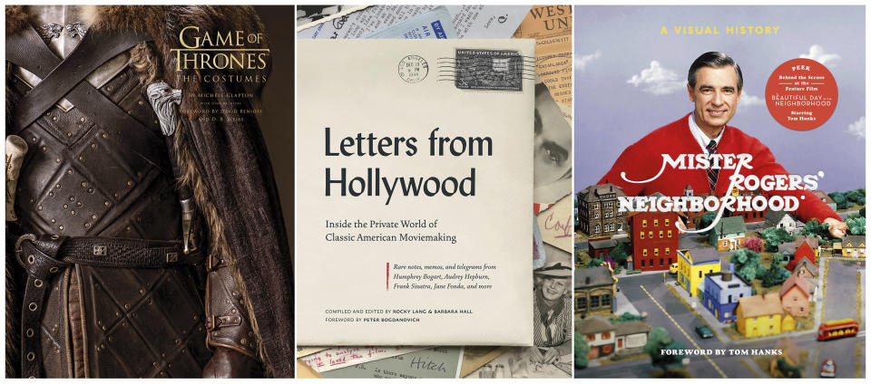 This combination of cover images shows, from left, “Game of Thrones: The Costumes,” with costumes by Michele Clapton and written by Gina McIntyre, “Letters from Hollywood: Inside the Private World of Classic American Moviemaking,” compiled and edited by Rocky Lang and Barbara Hall, and “Mister Rogers’ Neighborhood: A Visual History,” by Fred Rogers Productions, Tim Lybarger, Melissa Wagner and Jenna McGuigan. (Insight Editions/Abrams/Clarkson Potter via AP)
