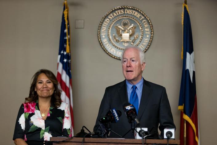 US Sen.  John Cornyn, R-Texas, speaks at a news conference after Jaime Esparza was formally sworn in as the US attorney for the Western District of Texas on Friday at the Albert Armendariz Sr.  US Courthouse in El Paso.