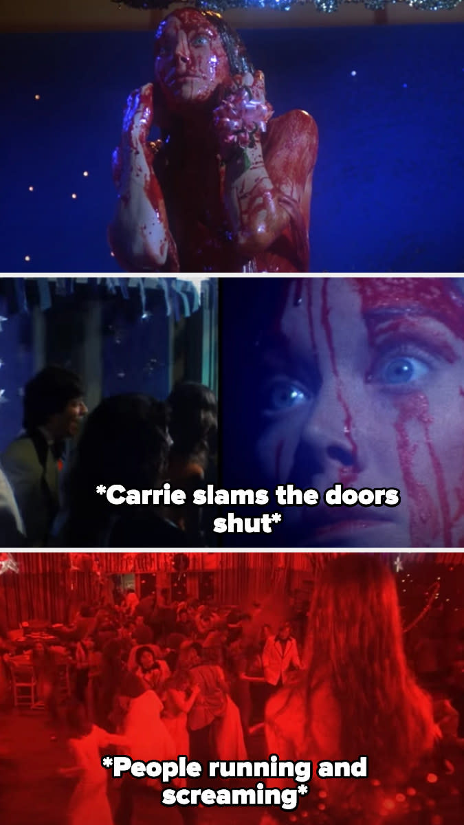 pig blood has just poured on Carrie's head, and she telepathically slams the doors shut as everyone runs and screams