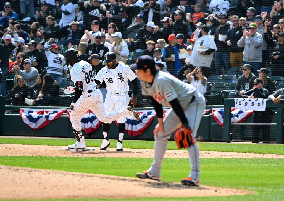 Luis Robert Jr. of the Chicago White Sox hits a two-run home run off of Kenta Maeda of the Detroit Tigers during the third inning at Guaranteed Rate Field on March 30, 2024 in Chicago.