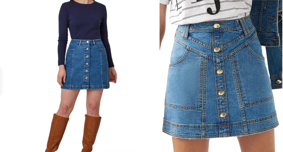 Big W denim skirt (left) seems like a dupe for a similar Aje skirt (right).