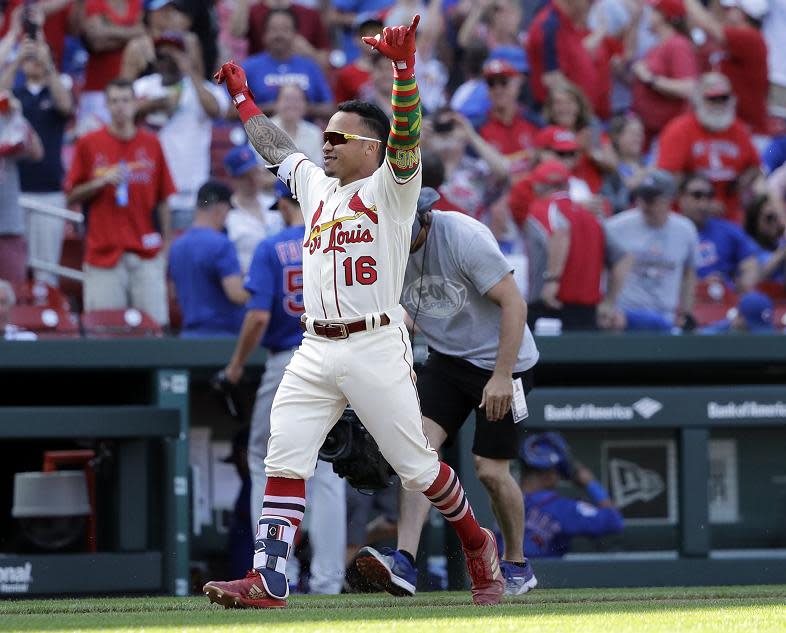 Cardinals’ infielder Kolten Wong celebrates his walk-off two-run home run during the 10th inning of Saturday’s game against the Cubs. (AP)