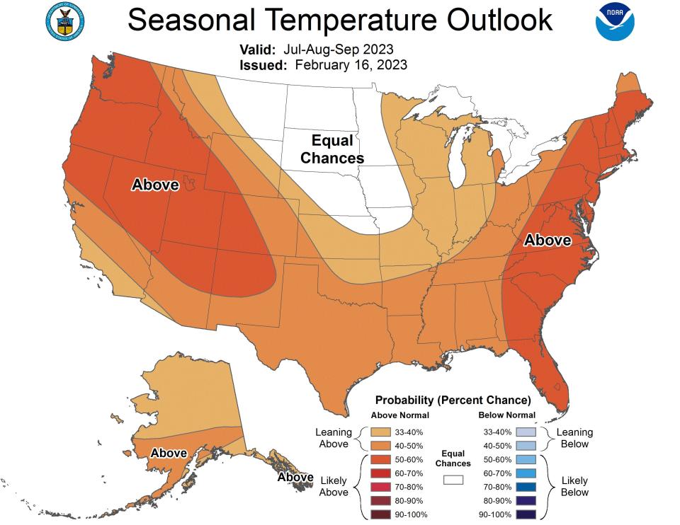 National summer forecast from NOAA shows above average likely temperatures in the Northeast and New England.