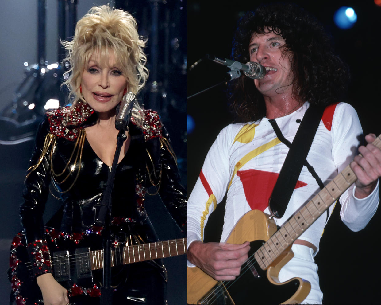 Dolly Parton at the 2022 Rock & Roll Hall of Fame induction ceremony, and REO Speedwagon's Kevin Cronin in 1981. (Photos: Getty Images)