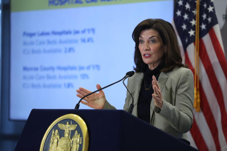 Hochul talked about upcoming plans to combat COVID-19 in New York during a press conference at the Rochester Educational Opportunity Center at SUNY Brockport in Rochester on January 3, 2022.