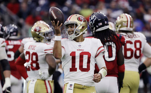 49ers quarterback Jimmy Garoppolo has been sensational since being traded from the Patriots, but faces his toughest test yet with Jacksonville this weekend.. (AP Photo/David J. Phillip, File)