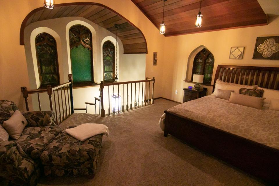 The newly renovated Kelmscott Chapel and Concert Hall features an Airbnb, which includes a master bedroom accessed via a circular staircase, shown Thursday, Jan. 20, 2022.