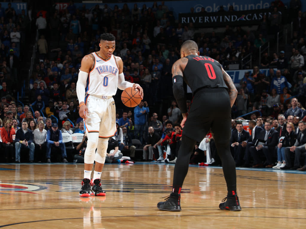 Russell Westbrook and Damian Lillard will take their beef to the first round of the playoffs. (Getty Images)