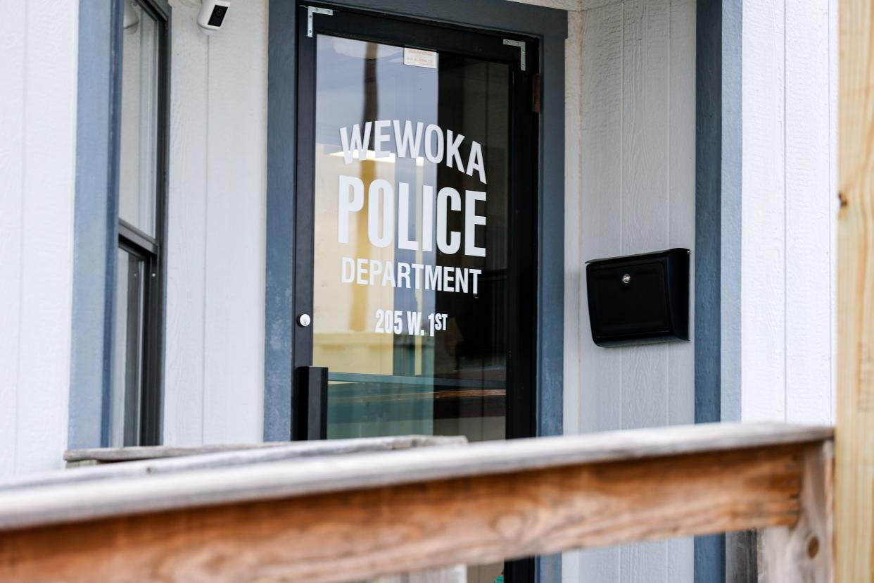 The current Wewoka Police Department building is pictured Nov. 9. The department temporarily operates out of a trailer with a locked glass door.