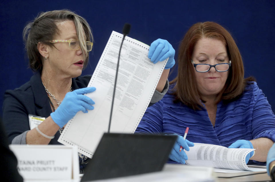 Members of the Canvassing Board, Judge Betsy Benson, left, and Judge Deborah Carpenter-Toye look over a ballot during hand counting at the Broward County Supervisor of Elections office in Lauderhill, Fla., on Saturday, Nov. 17, 2018. Republican lawmakers in at least six states have introduced legislation that would require all ballots to be counted by hand instead of electronic tabulators, and similar proposals are being floated in some county and local governments. (Mike Stocker/South Florida Sun-Sentinel via AP)