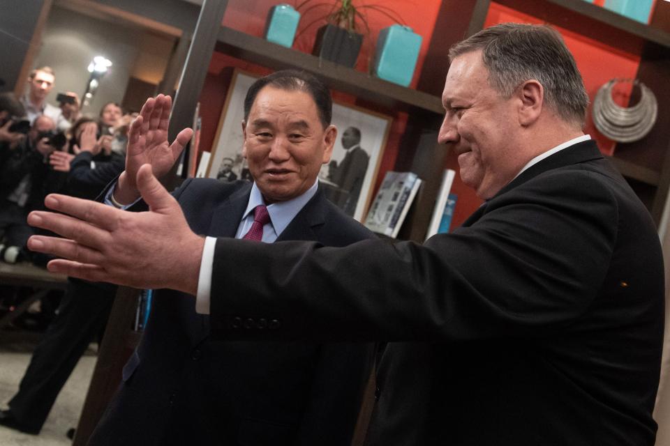 US Secretary of State Mike Pompeo welcomes North Korean Vice-Chairman Kim Yong Chol prior to a meeting in Washington, DC, January 18, 2019.
