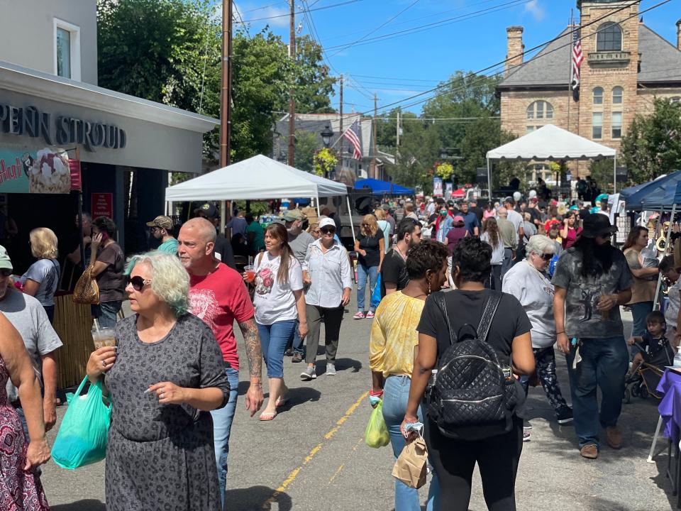 Crowds mingle in Courthouse Square in Stroudsburg on Saturday, Sept. 4, 2021 at StroudFest. Most activities for the 2022 fest will move to Main and 8th Streets to allow for traffic flow from Main Street to the Penn Stroud Hotel parking lot.