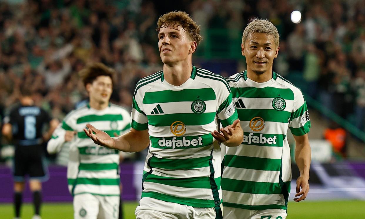 <span>Arne Engels – who looks an excellent acquisition – celebrates scoring Celtic’s third goal of five against Slovan Bratislava on Wednesday.</span><span>Photograph: Jason Cairnduff/Action Images/Reuters</span>