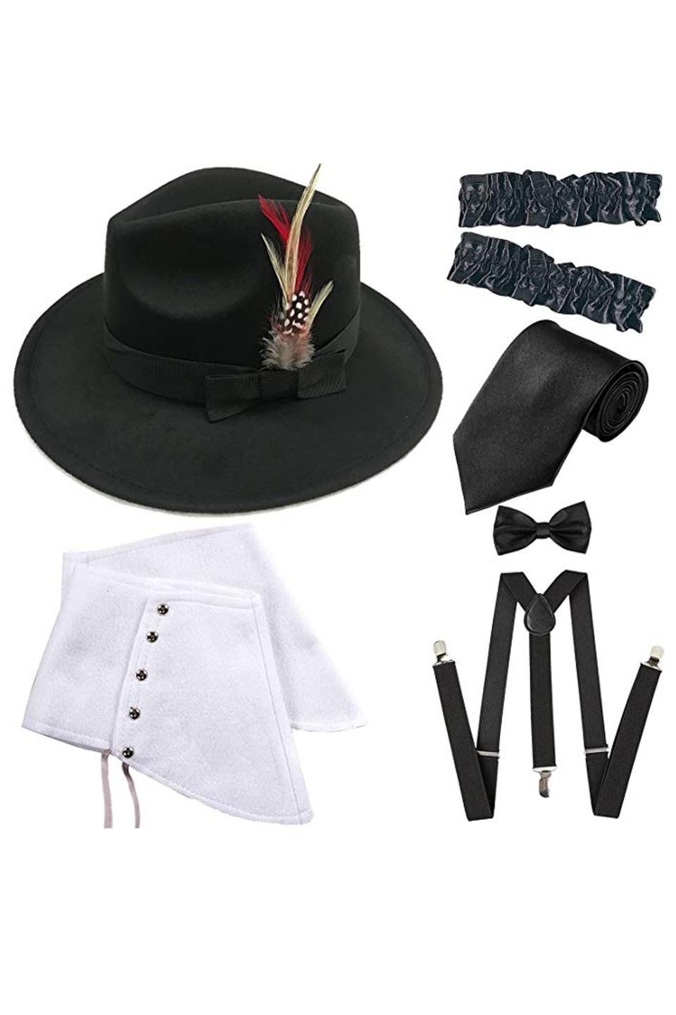 Fedora Hat, Gangster Spats ,Suspenders, Bow Tie, and Tie