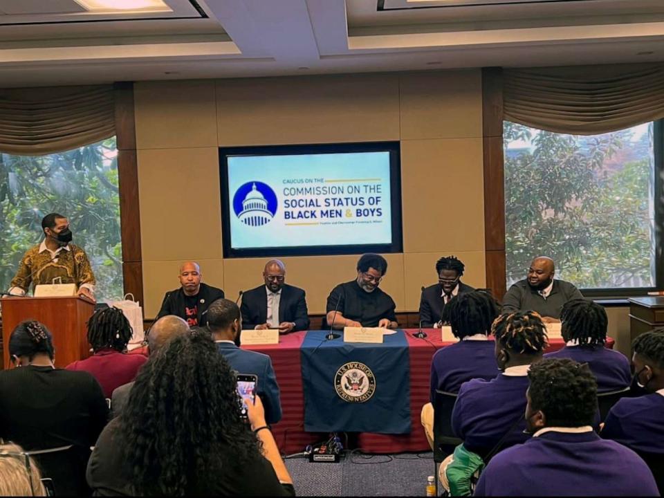 PHOTO: Dr. Ayize Sabater moderates a congressional briefing on Black Men & Boys in Education with panelists Curtis Valentine, Rictor Craig, Sharif El-Mekki, Dr. Travis J. Bristol, and Rodney Robinson. (ABC News)