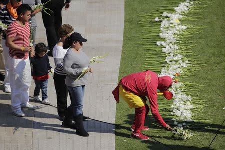 A man dressed as "El Chapulin Colorado", a character by screenwriter Roberto Gomez Bolanos, leaves a flower on the pitch of Azteca stadium before a mass held in his honour in Mexico City November 30, 2014. REUTERS/Tomas Bravo