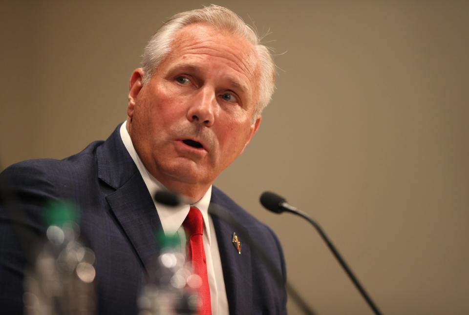 Republican Congressional Candidate from the 8th District Bob Hendry speaks at the Watkins Auditorium inside the Boling University Center at the University of Tennessee at Martin on Thursday, June 9, 2022.