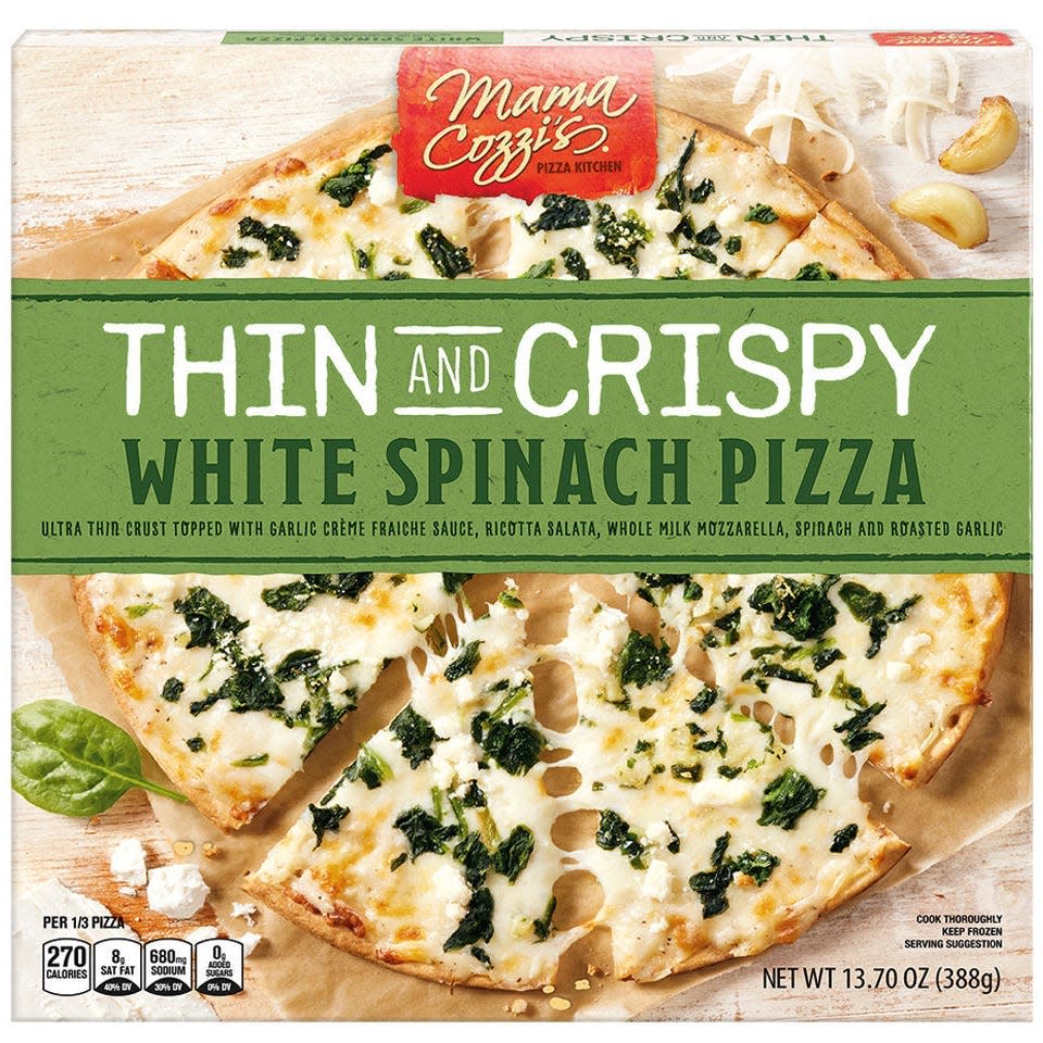 mama cozzi's thin and crispy white spinach pizza from aldi