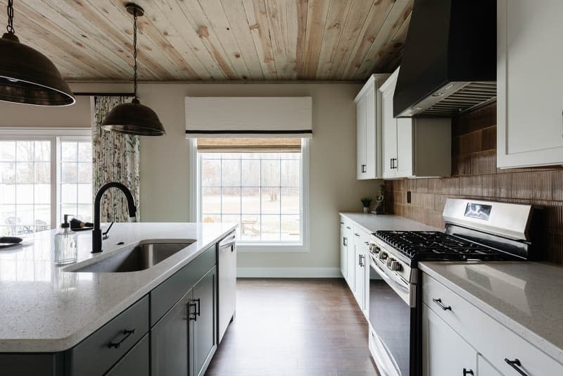 Light filled kitchen with wooden ceiling