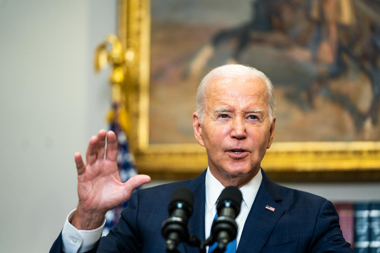 US President Joe Biden delivers remarks on the contract negotiations between the United Auto Workers and the Big 3 auto companies in the Roosevelt Room of the White House on Friday, September 15, 2023.  (Photo by Demetrius Freeman/The Washington Post via Getty Images)