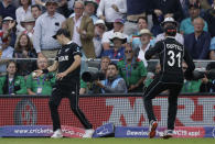 Trent Boult catches England's Ben Stokes but steps on the boundary rope to concede 6 runs (AP Photo/Matt Dunham)