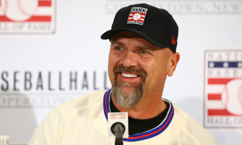 Larry Walker speaks at the Hall of Fame press conference.