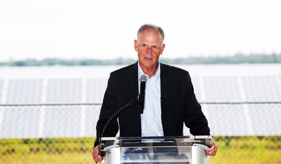 Syd Kitson, chairman and CEO of Kitson & Partners and founder of Babcock Ranch speaks at the unveiling of the new solar ranch building at Babcock Ranch on Monday, April 22, 2024. The solar panel field at the ranch is now open to the public. People who tour the ranch will have the opportunity to learn about solar power and how it is harnessed with interactive displays among other things.