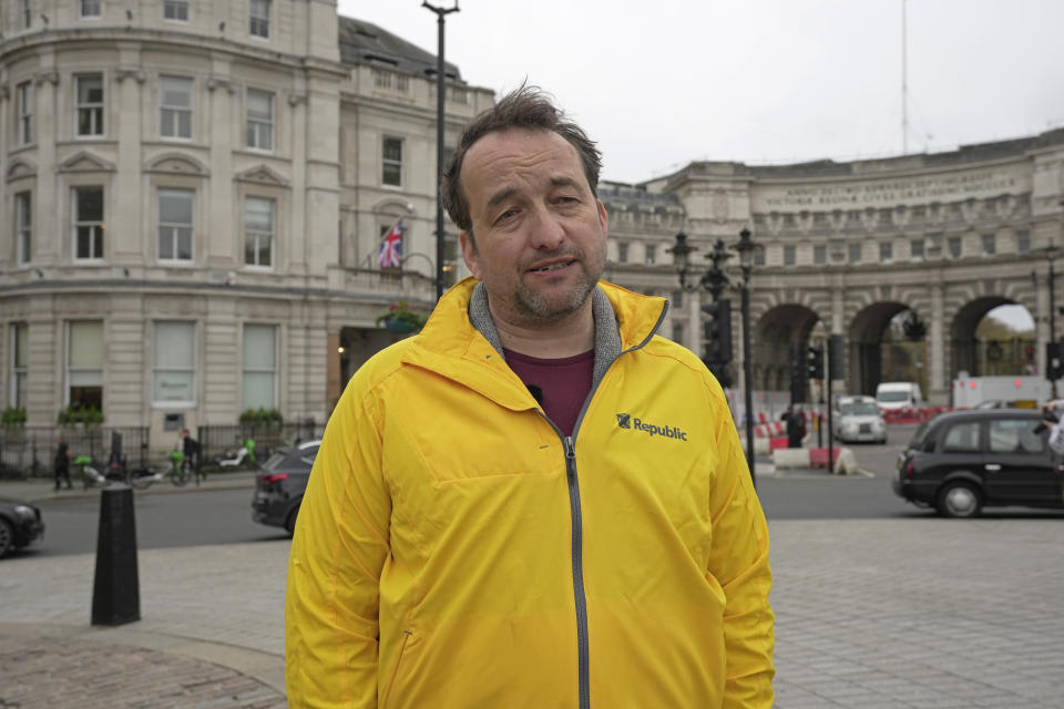 Graham Smith of the campaigning group republic speaks during an interview in London, Thursday, April 27, 2023. There will be dissenters among the cheering crowds when King Charles III travels by gilded coach to his coronation. More than 1,500 protesters will be dressed in yellow for maximum visibility and they plan to gather beside it to chant “Not my king” as the royal procession goes by on Saturday. (AP Photo/Kin Cheung)