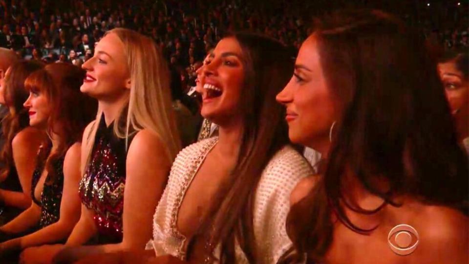 From left: Sophie Turner, Priyanka Chopra Jonas and Danielle Jonas watching the Jonas Brothers perform at the 2020 Grammy Awards | CBS