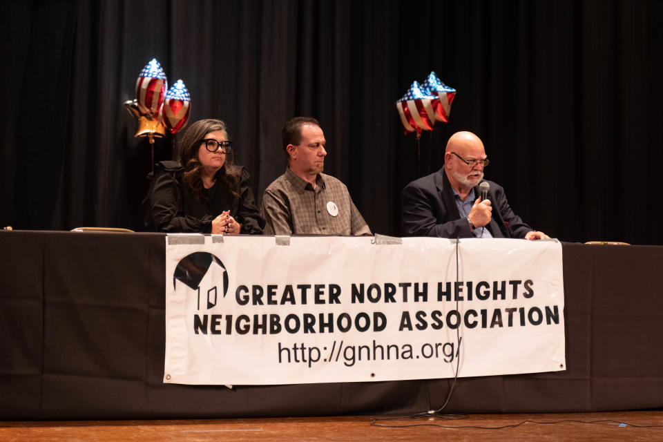 Candidates for Amarillo City Council Place 3 address the audience Monday night at the Greater North Heights Neighborhood Association candidate forum at Carver Elementary School in Amarillo.