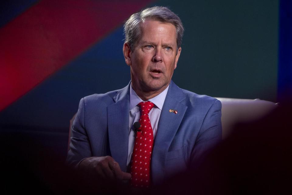 PHOTO: Brian Kemp, governor of Georgia, speaks during Erick Erickson's The Gathering event in Atlanta, Aug. 18, 2023.  (Alyssa Pointer/Bloomberg via Getty Images)