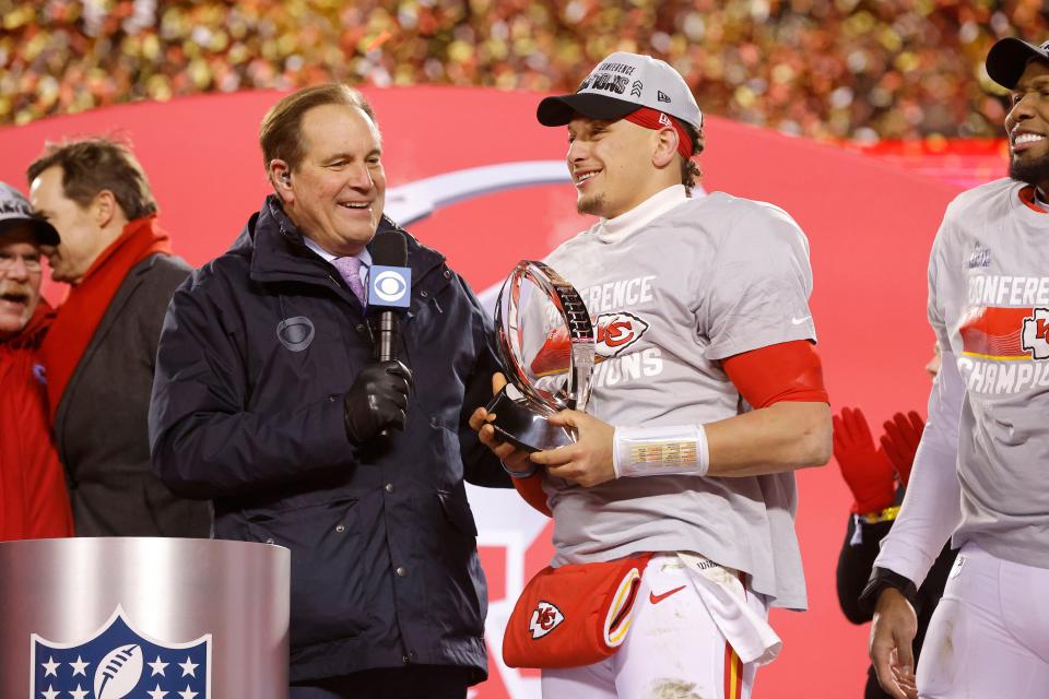 KANSAS CITY, MISSOURI - JANUARY 29: Patrick Mahomes #15 of the Kansas City Chiefs celebrates with the Lamar Hunt Trophy after defeating the Cincinnati Bengals 23-20 in the AFC Championship Game at GEHA Field at Arrowhead Stadium on January 29, 2023 in Kansas City, Missouri. (Photo by David Eulitt/Getty Images)