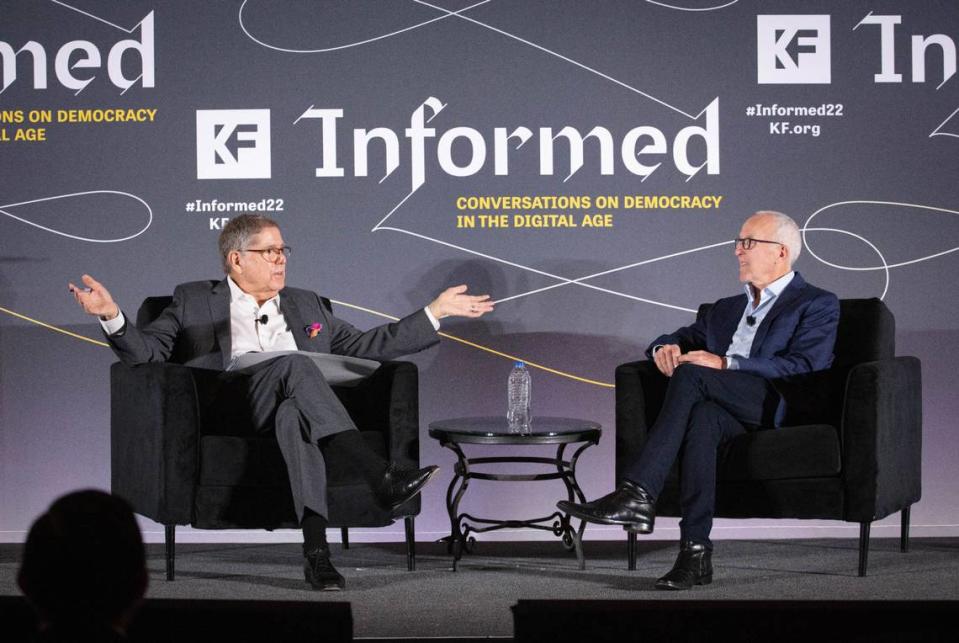Alberto Ibargüen in conversation with Frank McCourt at the 2022 Informed Conference in Miami on Nov. 30, 2022. Patrick Farrell/Knight Foundation