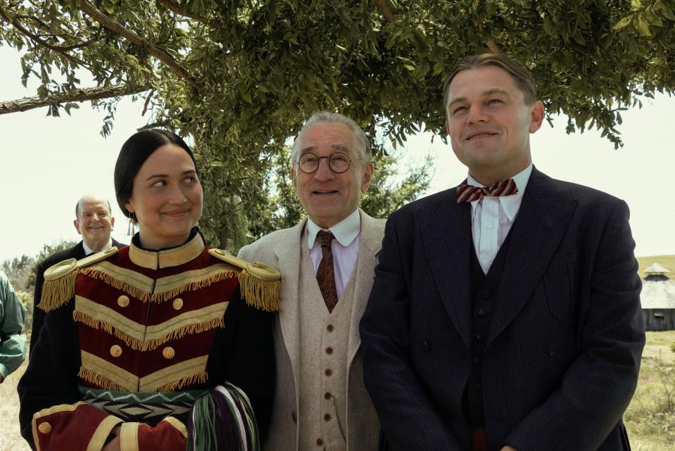 Lily Gladstone, left, Robert De Niro and Leonardo DiCaprio in "Killers of the Flower Moon."