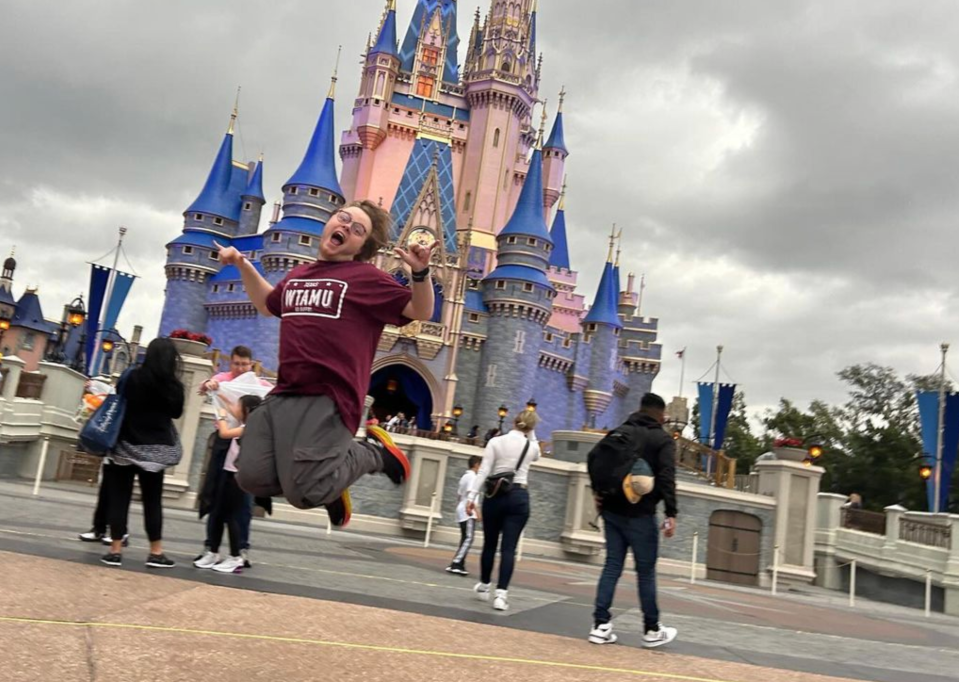 Maddox Nite, a freshman digital communication and media major from Amarillo, won fourth place and a $350 scholarship in an Instagram contest for his leaping portrait in front of Cinderella’s Castle at Disney World while wearing a WT T-shirt and flashing two Buff hand signs.