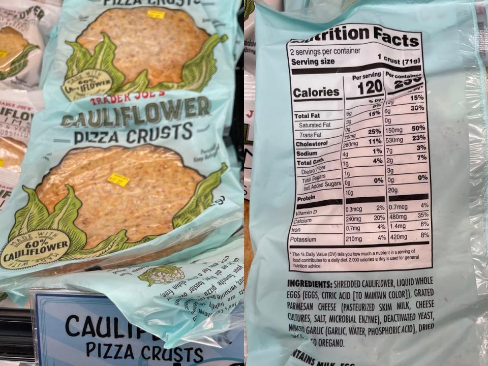 Bag of cauliflower pizza crust; Nutrition on back of cauliflower pizza crust