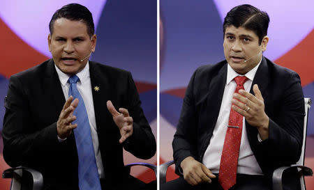 A combination picture shows presidential candidate Fabricio Alvarado Munoz, an evangelical Christian of the National Restoration Party (PRN), and Carlos Alvarado Quesada, presidential candidate of the ruling Citizens' Action Party (PAC), as they attend a debate before a second-round presidential election runoff in San Jose, Costa Rica March 25, 2018. REUTERS/Juan Carlos Ulate