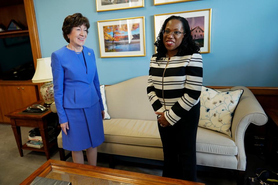 FILE - Supreme Court nominee Ketanji Brown Jackson meets with Sen. Susan Collins, R-Maine, on Capitol Hill in Washington, March 8, 2022.  Collins will vote to confirm Ketanji Brown Jackson, giving Democrats at least one Republican vote and all but assuring that she will become the first Black woman on the Supreme Court. (AP Photo/Carolyn Kaster, File) ORG XMIT: DCCK134