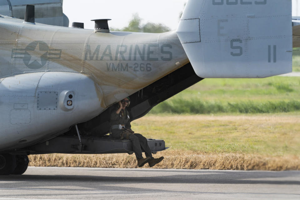 A VM-22 Osprey loaded with aid taxis for takeoff at Toussaint Louverture International Airport, Saturday, Aug. 28, 2021, in Port-au-Prince, Haiti. The VMM-266, "Fighting Griffins," from Marine Corps Air Station New River, from Jacksonville, N.C., are flying in support of Joint Task Force Haiti after a 7.2 magnitude earthquake on Aug. 22, caused heavy damage to the country. (AP Photo/Alex Brandon)