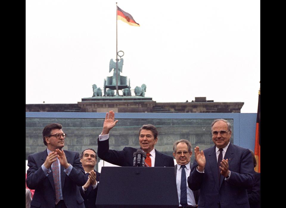 "If you seek peace, if you seek prosperity for the Soviet Union and Eastern Europe, if you seek liberalization: Come here, to this gate. Mr. Gorbachev, open this gate. Mr. Gorbachev, tear down this wall."    Arguably one of Reagan's best television moments, he urged Soviet leader Mikhail Gorbachev to stop the communist hold over East Berlin and allow the country to unify under a democracy. Two years later, it happened in the dark of night.     <a href="http://www.msnbc.msn.com/id/3638320/ns/us_news-the_legacy_of_ronald_reagan/" target="_hplink">(MSNBC)</a>