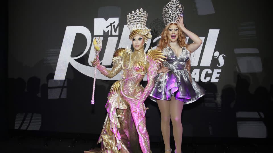 Nymphia Wind and Jimbo onstage at the "RuPaul's Drag Race" season 16 finale screening event on April 19, 2024 in New York City. - Santiago Felipe/Getty Images
