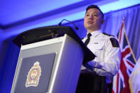 London, Ontario, Police Chief Thai Truong speaks during a news conference in London, Monday, Feb. 5, 2024. The police chief issued a public apology on Monday to a woman who says she was sexually assaulted by five hockey players on Canada's 2018 world junior team— four of them currently in the NHL — for the length of time it took his department to complete its investigation of a case that has rocked the sport for years. (Geoff Robins/The Canadian Press via AP)