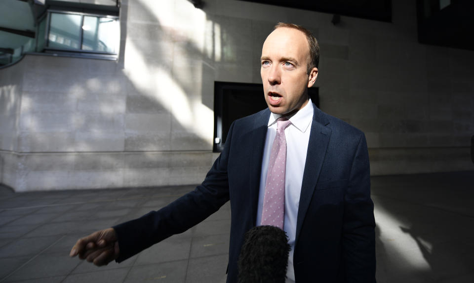 Former cabinet minister Matt Hancock speaks to the media at BBC Broadcasting House in London, after appearing on the BBC One current affairs programme, Sunday with Laura Kuenssberg. Picture date: Sunday October 16, 2022. (Photo by Beresford Hodge/PA Images via Getty Images)