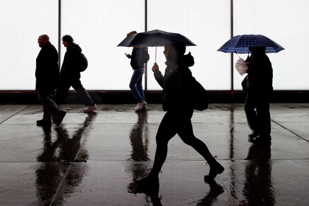 Commuters walk through a cold rain in downtown Toronto on Nov. 8, 2023. (Evan Mitsui/CBC - image credit)