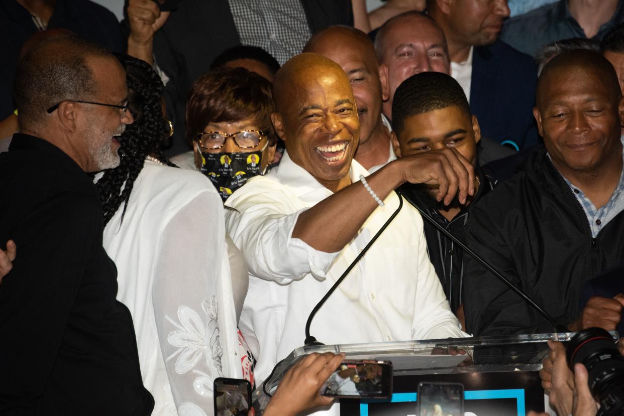 Eric Adams speaks to supporters at his primary election night party in Williamsburg, Brooklyn, New York on Tuesday, June 22. 