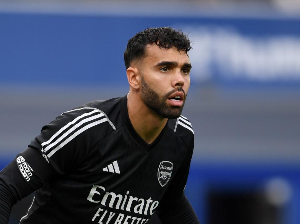 David Raya of Arsenal looks on during his Arsenal debut (Arsenal FC via Getty Images)